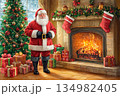Santa Claus stands by the fireplace with gifts beside a decorated Christmas tree 134982405