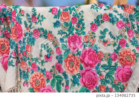 Russian shawl with ethnic floral pattern. 134982735