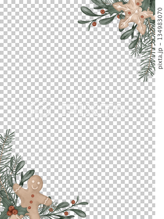 Vertical frame watercolor illustration with pine branches, fir tree, bow. Postcard for holly and red berries and sweet cookie gingerbread. Hand drawn new year illustration . 134983070