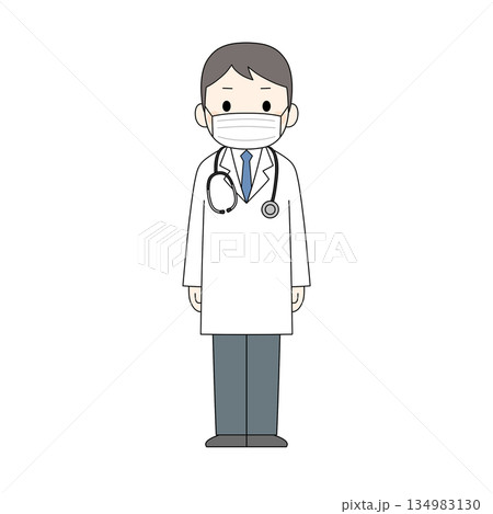 白衣とマスクを着用した男性医師が正面を向いて立っているカラーイラスト 134983130