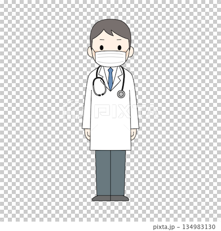 白衣とマスクを着用した男性医師が正面を向いて立っているカラーイラスト 134983130