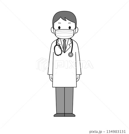 白衣とマスクを着用した男性医師が正面を向いて立っているモノクロイラスト 白衣とマスクを着用した男性医師が正面を向いて立っているモノクロイラスト 134983131
