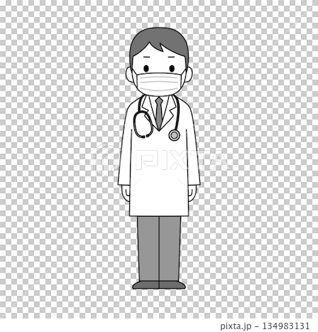一幅單色插圖，描繪了一位身穿白大褂、戴著口罩的男醫生正面站立的形象。 134983131