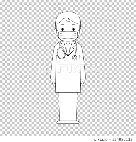 一幅黑白線條畫，畫的是一位身穿白大褂、戴著口罩的男醫生，面向前方站立。 134983132
