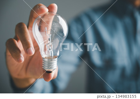 Close-up of a hand holding a lightbulb, symbolizing a new idea or solution. The background is blurred, leaving the lightbulb as the focal point. . Close-up of a hand holding a lightbulb, symbolizing a new idea or solution. The background is blurred, leaving the lightbulb as the focal point. . 134983155