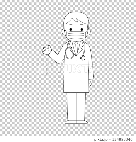 A black and white line drawing of a male medical worker in a white coat wearing a mask giving guidance and explanations A black and white line drawing of a male medical worker in a white coat wearing a mask giving guidance and explanations 134983346