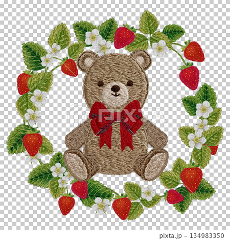 [Strawberry and teddy bear round frame] Hand embroidery illustration material 134983350