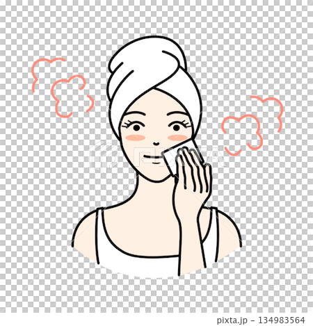 圖解：一位女士輕柔地用蒸氣中的棉花進行皮膚護理。 134983564