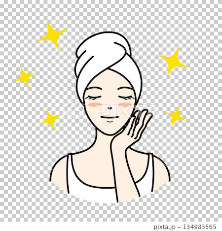 插圖描繪了一位女子裹著浴巾，閉著雙眼，露出光彩照人的肌膚。 134983565