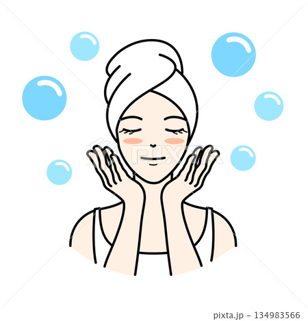 泡に囲まれ目を閉じ気持ちよさそうに洗顔する女性のイラスト 泡に囲まれ目を閉じ気持ちよさそうに洗顔する女性のイラスト 134983566
