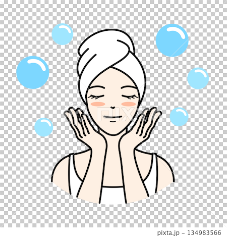 泡に囲まれ目を閉じ気持ちよさそうに洗顔する女性のイラスト 泡に囲まれ目を閉じ気持ちよさそうに洗顔する女性のイラスト 134983566