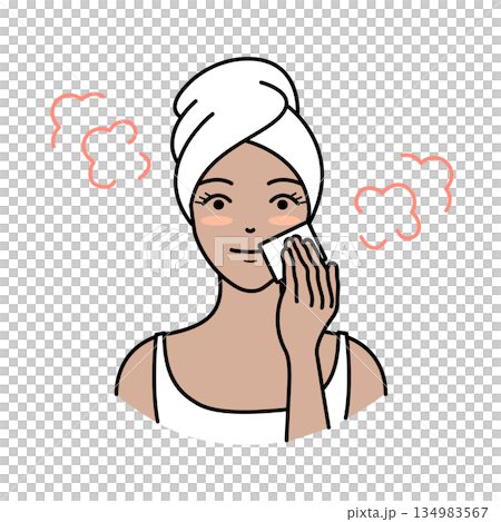 蒸気の中でコットンで優しくスキンケアをする褐色肌の女性のイラスト 蒸気の中でコットンで優しくスキンケアをする褐色肌の女性のイラスト 134983567