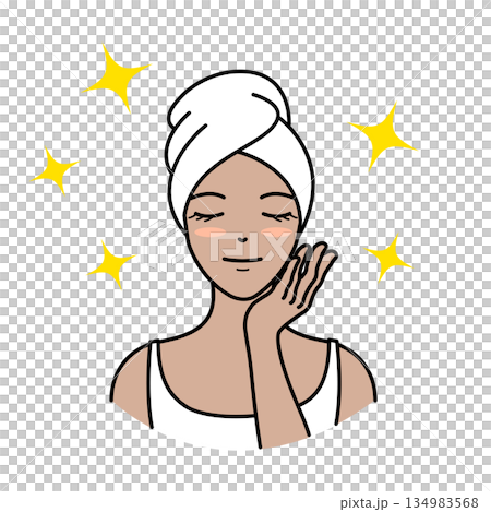 插圖描繪了一位膚色黝黑的女子,她裹著浴巾,閉著雙眼,展現出她容光煥發的肌膚。 插圖描繪了一位膚色黝黑的女子,她裹著浴巾,閉著雙眼,展現出她容光煥發的肌膚。 134983568