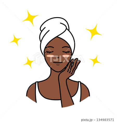 タオルを巻いて目を閉じ輝く肌をアピールする黒人女性のイラスト タオルを巻いて目を閉じ輝く肌をアピールする黒人女性のイラスト 134983571