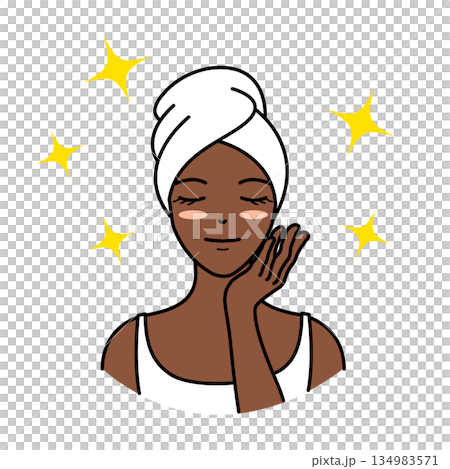 タオルを巻いて目を閉じ輝く肌をアピールする黒人女性のイラスト タオルを巻いて目を閉じ輝く肌をアピールする黒人女性のイラスト 134983571