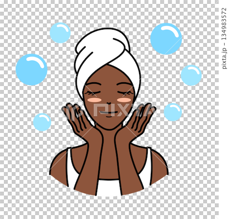 Illustration of a black woman washing her face with her eyes closed and surrounded by bubbles Illustration of a black woman washing her face with her eyes closed and surrounded by bubbles 134983572
