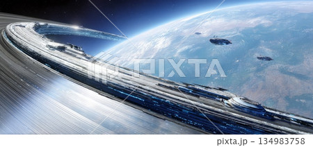 Giant Orbital Ring Space Station Above Earth 134983758