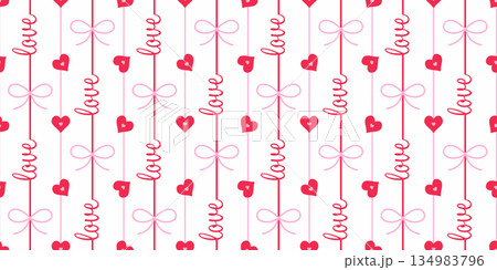 Red love text with striped ribbons, hearts and cute bows seamless pattern for Valentines day romantic concept design Red love text with striped ribbons, hearts and cute bows seamless pattern for Valentines day romantic concept design 134983796