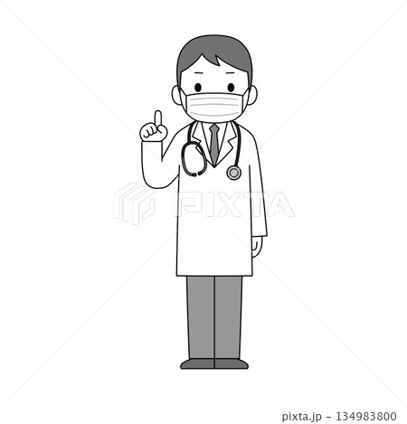 マスクを着用した白衣の男性医療従事者が指を一本立てて説明や提案をしているモノクロイラスト 134983800