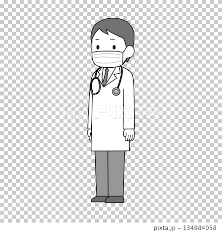黑白插圖，描繪了一位身穿白大褂、戴著口罩的男性醫護人員。 134984058