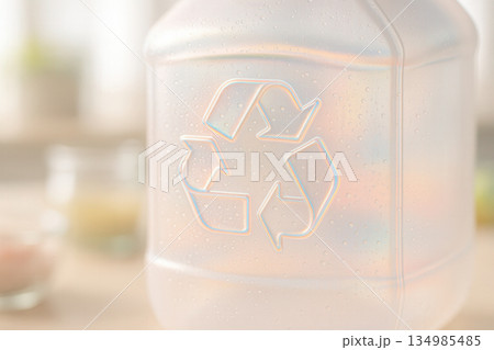 Translucent Plastic Bottle With Embossed Recycling Symbol And Water Droplets 134985485