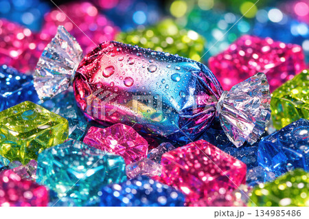 Colorful Wrapped Candies With Water Droplets On Sparkling Blue And Pink Surface Colorful Wrapped Candies With Water Droplets On Sparkling Blue And Pink Surface 134985486