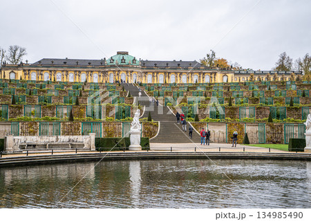 Sanssouci park in Potsdam, Germany. Old garden stairs building architecture in Rococo style. Nature outdoor landscape 134985490