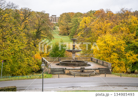 Fountain in the autumn park Sanssouci Palace Potsdam, Germany. Nature garden yellow trees Fountain in the autumn park Sanssouci Palace Potsdam, Germany. Nature garden yellow trees 134985493