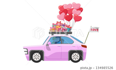 Romantic couple driving pink car with roof rack full of gifts heart balloons and love flag isolated on white background. Valentine's Day road trip concept vector illustration. Romantic couple driving pink car with roof rack full of gifts heart balloons and love flag isolated on white background. Valentine's Day road trip concept vector illustration. 134985526