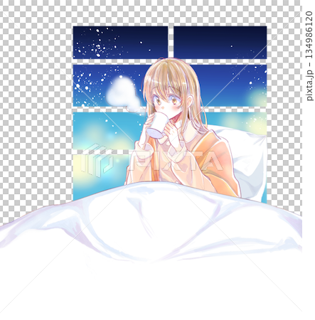 ベッドの上で温かい飲み物を飲む女性 パジャマ 窓 夜 ベッドの上で温かい飲み物を飲む女性 パジャマ 窓 夜 134986120