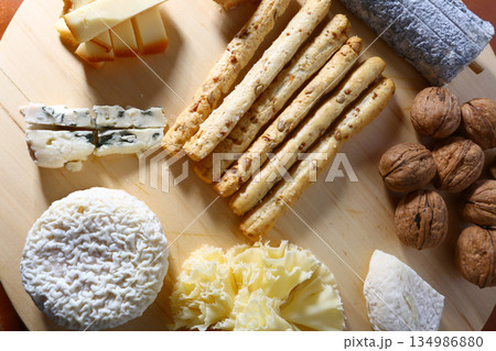 swiss and french wooden board variety cheese ready to eat 134986880
