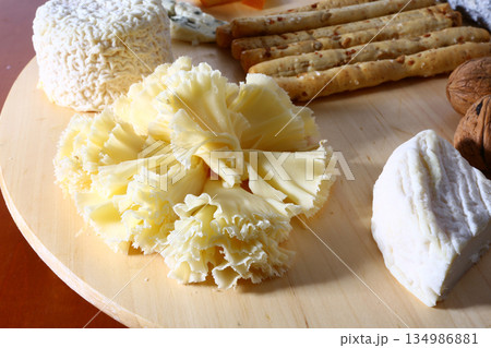 swiss and french wooden board variety cheese ready to eat 134986881