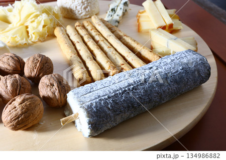 swiss and french wooden board variety cheese ready to eat 134986882