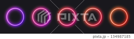 Glowing neon circles in vivid gradient colors for creative design 134987185