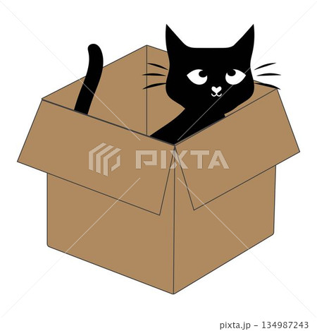Cute black cat cartoon inside a cardboard box illustration. Adorable cat character peeking playing and resting in an open box. 134987243