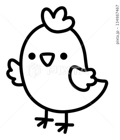 Vector chick line icon. Farm bird waving wing clipart isolated on white background. Spring or Easter baby chick black and white illustration. Cute domestic animal coloring page 134987467