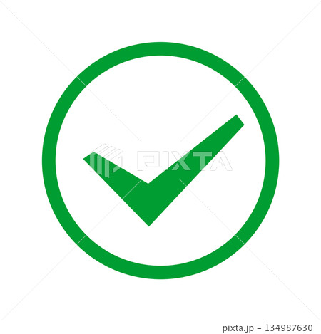Green checkmark symbol of approval and success in a circular frame 134987630
