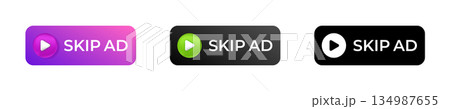 Three colorful skip ad buttons brighten digital user interface for enhanced experience 134987655