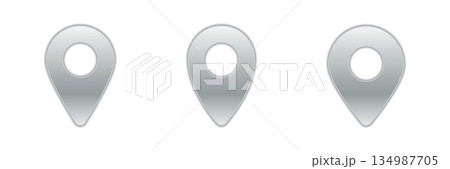 Three silver location markers aligned in a simple horizontal arrangement Three silver location markers aligned in a simple horizontal arrangement 134987705
