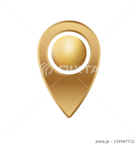 Golden location pin icon with shiny sphere in center for map and navigation symbols 134987712