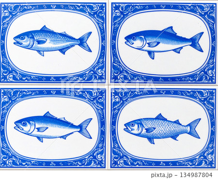 Close-up texture. Texture of ceramic tile with pattern of fish in blue tones. Design mockup for bathroom interior. Decoration background. Close-up texture. Texture of ceramic tile with pattern of fish in blue tones. Design mockup for bathroom interior. Decoration background. 134987804