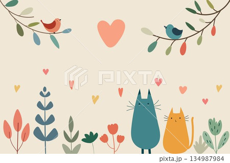 Vector invitation with cats and birds 134987984