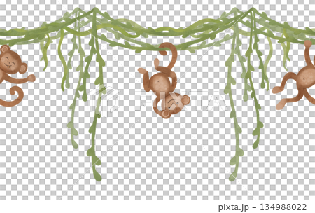 Seamless border of tropical lianas, greenery and monkeys. Cartoon illustration in a flat style. Watercolor, pastel, gouache. For design of children's products, prints, packaging, wallpapers Seamless border of tropical lianas, greenery and monkeys. Cartoon illustration in a flat style. Watercolor, pastel, gouache. For design of children's products, prints, packaging, wallpapers 134988022