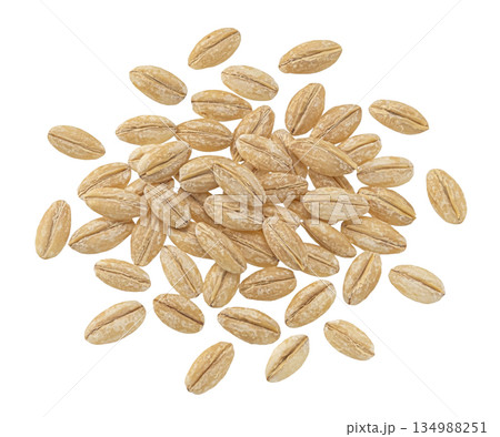 Pile of dry peeled barley grains isolated on white background, full depth of field, top view Pile of dry peeled barley grains isolated on white background, full depth of field, top view 134988251