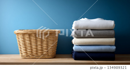Stack of neatly folded clothes next to empty wicker laundry basket on wooden surface against blue wall background 134989321