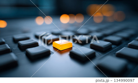 Close-up of a control panel with one illuminated orange button surrounded by dark buttons in a low light environment 134990097