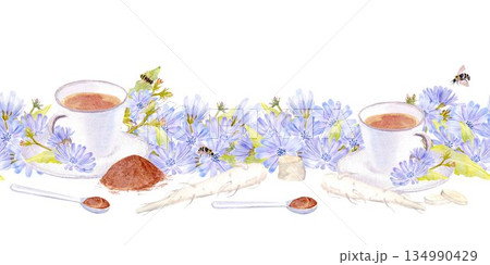 Seamless border with chicory drink in a white cup with a spoon, root, pastel blue flowers, watercolor illustration, on an isolated background. Pattern Decaf drink for healthy eating and vegan diets 134990429