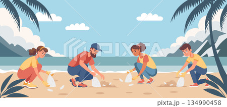 Volunteers collecting garbage on the beach. Volunteers cleaning up beach litter. Environment concept. Illustration. Volunteers collecting garbage on the beach. Volunteers cleaning up beach litter. Environment concept. Illustration. 134990458
