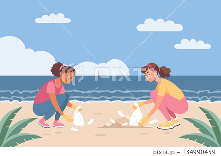 Women collecting garbage on the beach. Volunteers cleaning up beach litter. Environment concept. Illustration. 134990459