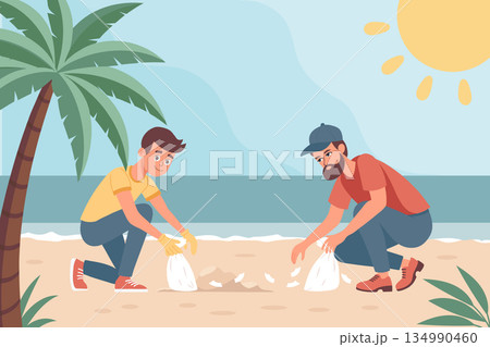 Father and son are cleaning the beach. Volunteers cleaning up beach litter. Environment concept. Illustration. 134990460